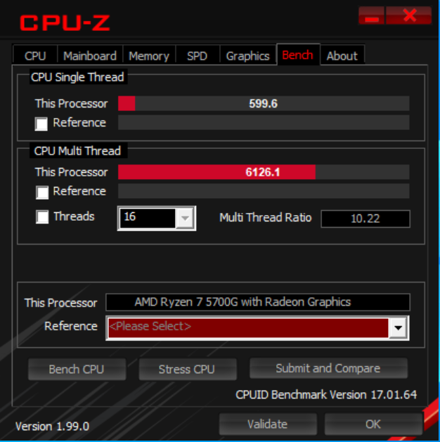 cpuz中看下基本情况8核16线程,tdp65w5700g在gpuz中跑分在6126分,在